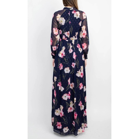 NWT Adrianna Papell Daria Maxi Gown Sz 14 Navy Pink Floral High Neck Long Sleeve - Picture 2 of 16